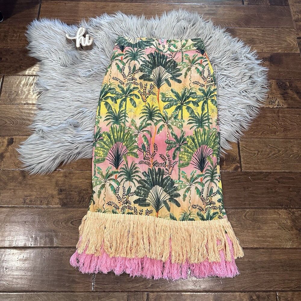 America & Beyond Skirt Endless Summer Printed Fringe Pink Green Size Small New